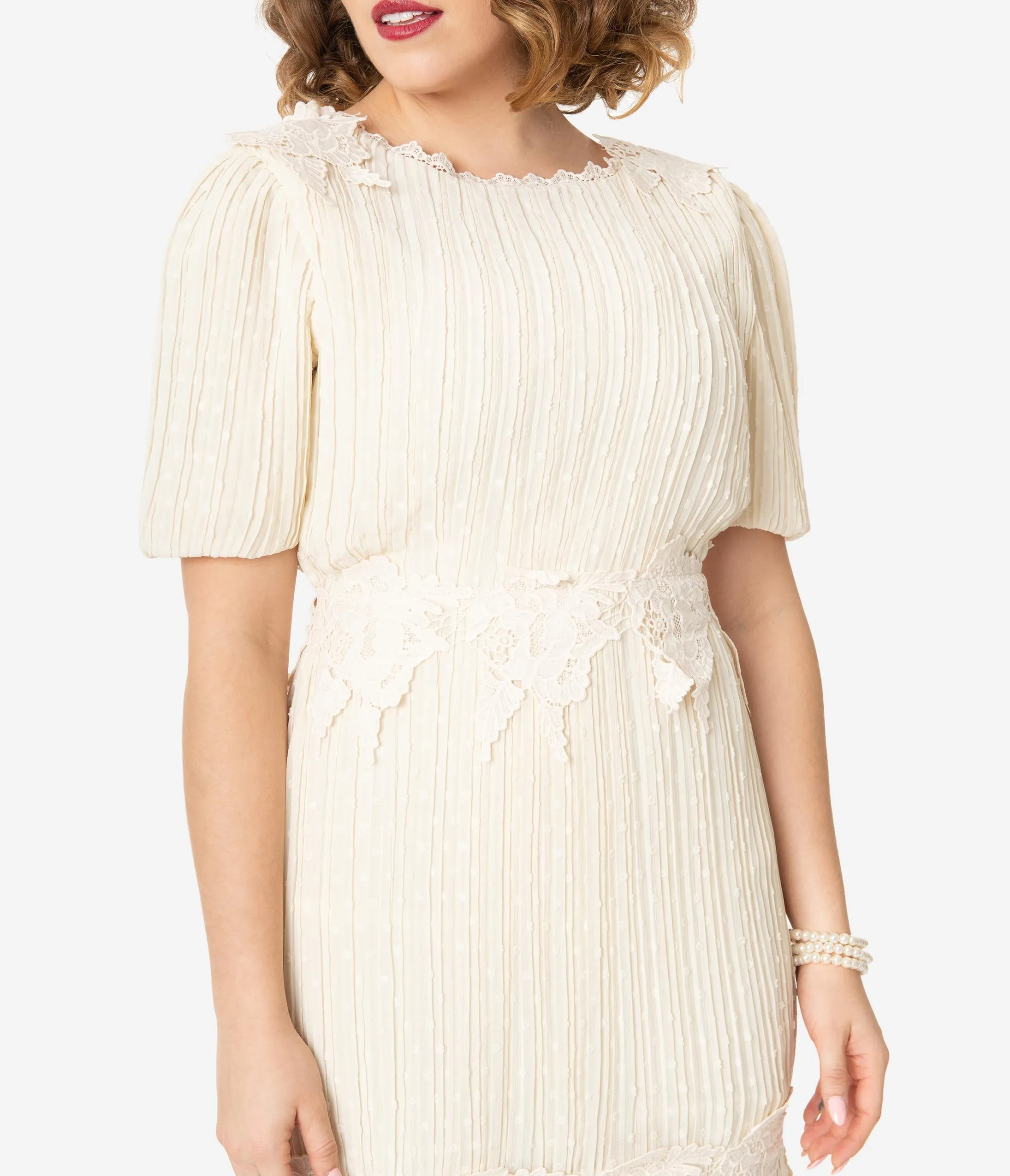 1940s Antique Ivory Swiss Dot Lace Midi Dress