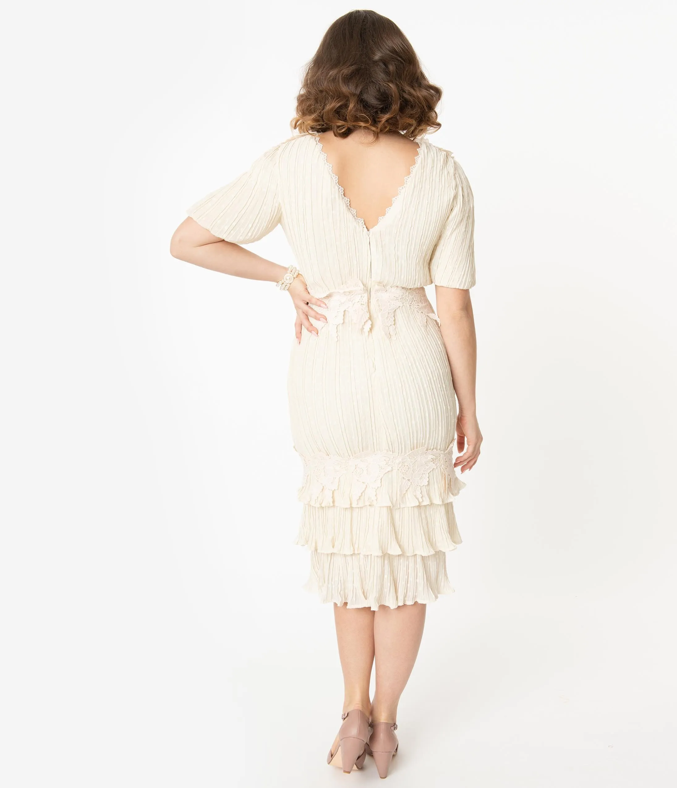 1940s Antique Ivory Swiss Dot Lace Midi Dress