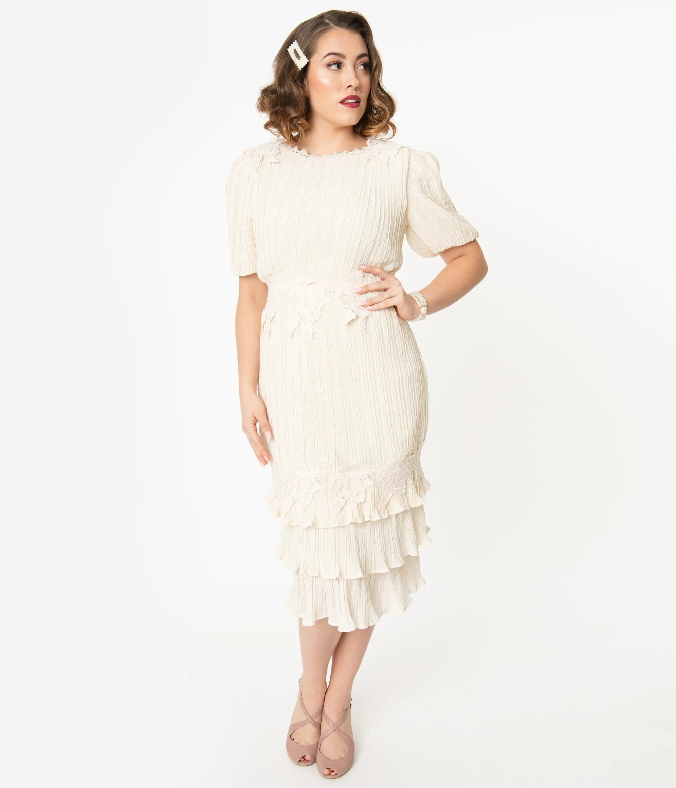 1940s Antique Ivory Swiss Dot Lace Midi Dress
