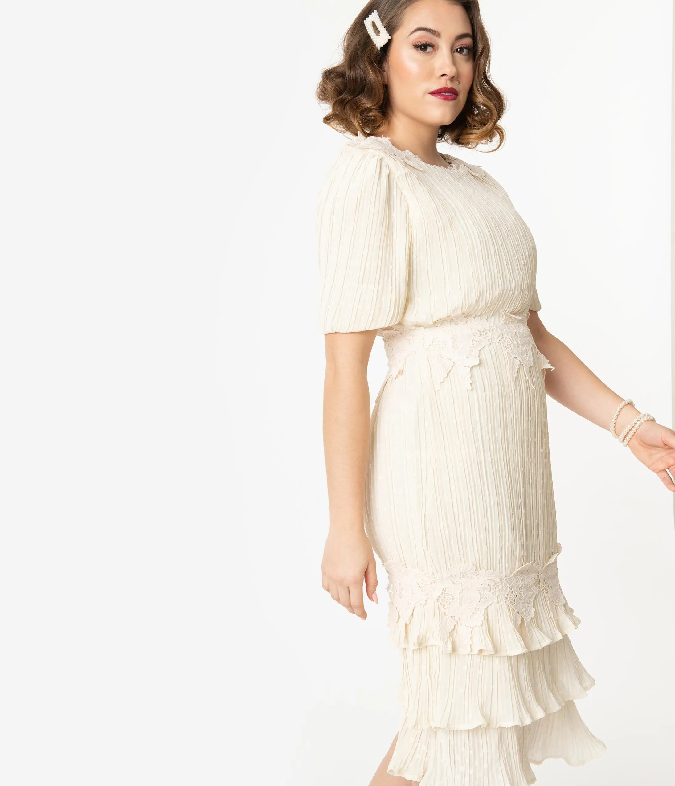 1940s Antique Ivory Swiss Dot Lace Midi Dress