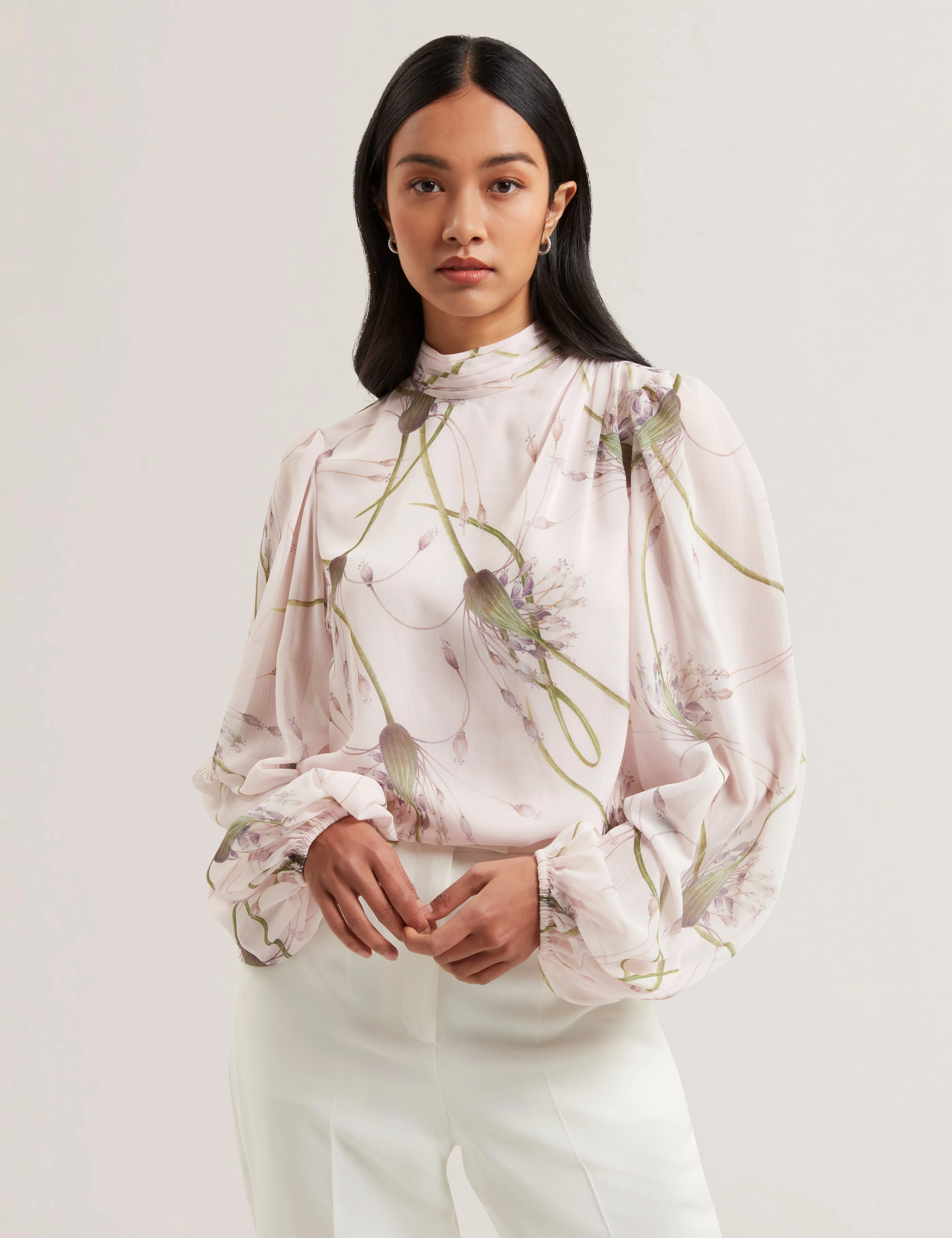 Alati Printed Tie Neck Long Sleeve Blouse Lt-Pink