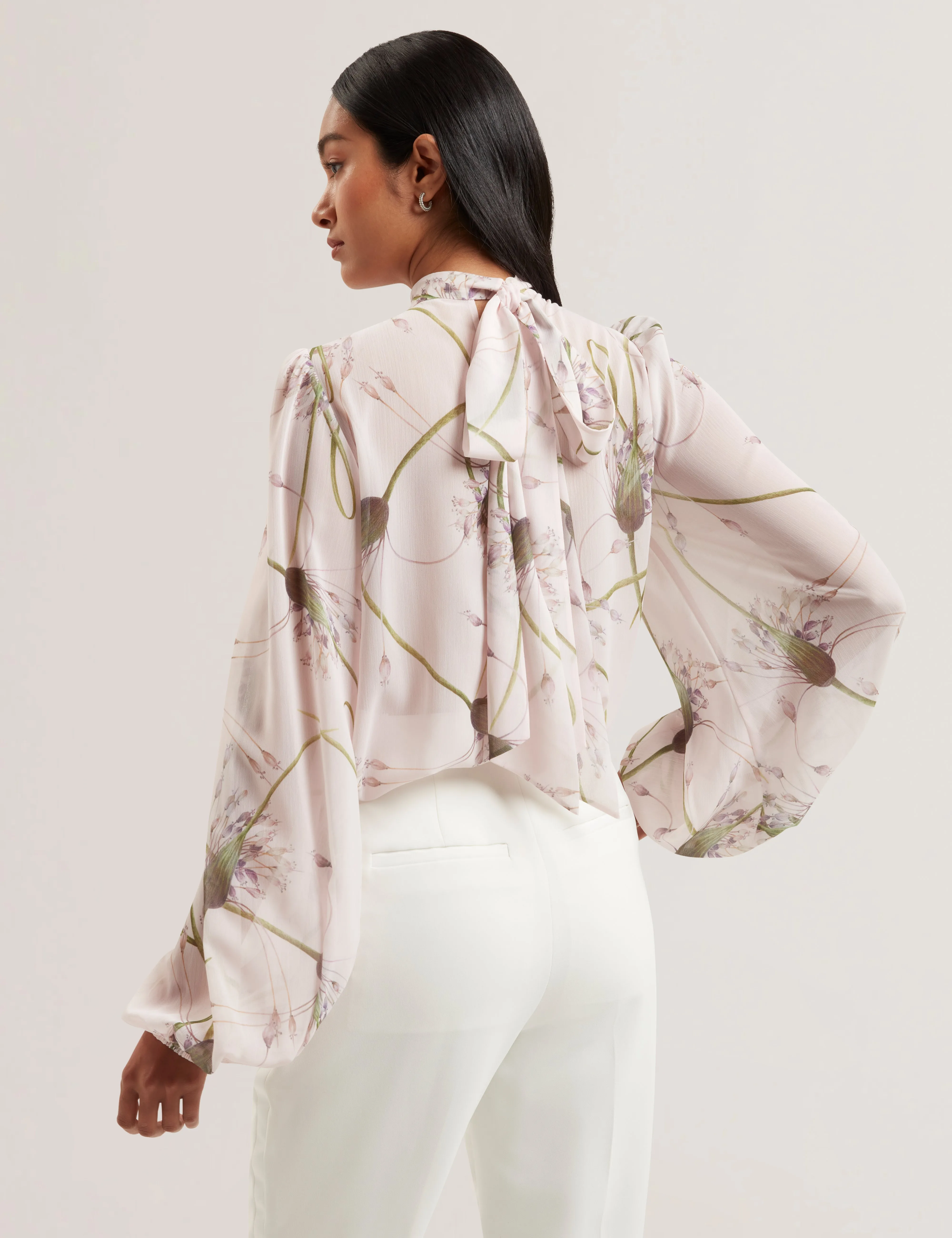 Alati Printed Tie Neck Long Sleeve Blouse Lt-Pink