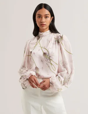 Alati Printed Tie Neck Long Sleeve Blouse Lt-Pink