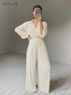 Beige Fashion Top & Pleated Long Palazzo Pants