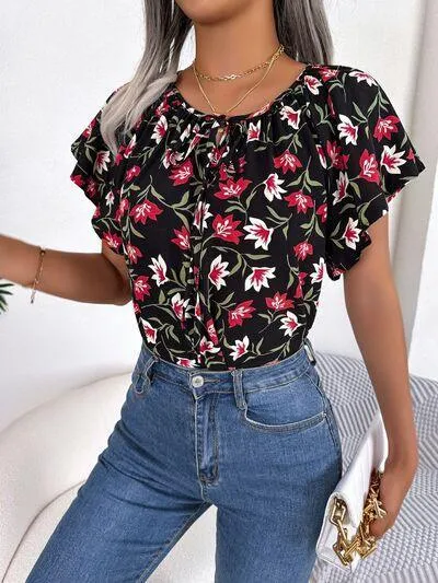 Bloom In Style Floral Flutter Sleeve Blouse