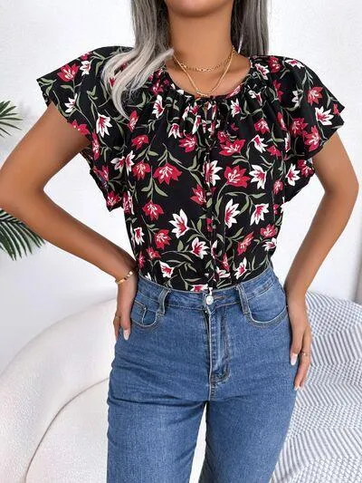 Bloom In Style Floral Flutter Sleeve Blouse