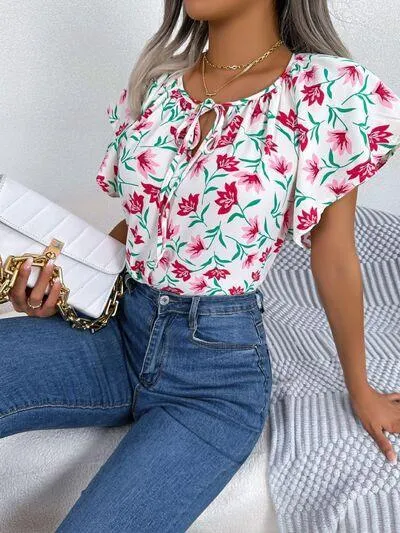 Bloom In Style Floral Flutter Sleeve Blouse