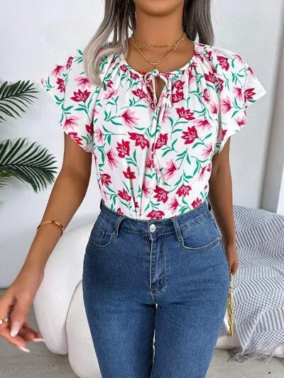 Bloom In Style Floral Flutter Sleeve Blouse