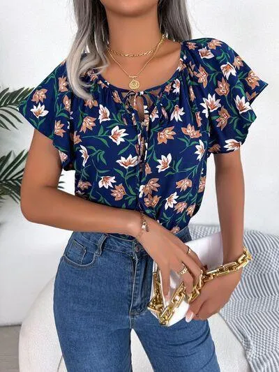 Bloom In Style Floral Flutter Sleeve Blouse