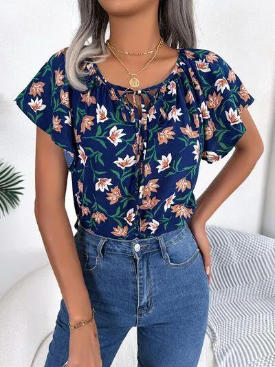 Bloom In Style Floral Flutter Sleeve Blouse