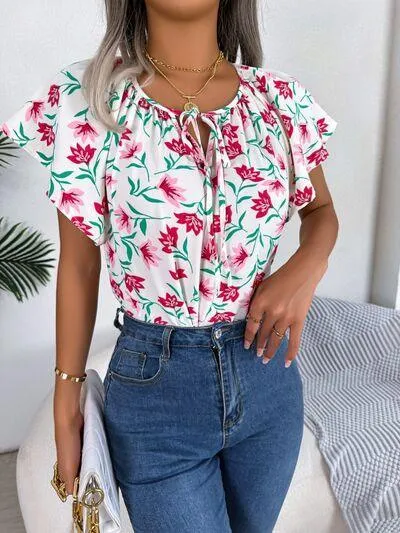 Bloom In Style Floral Flutter Sleeve Blouse