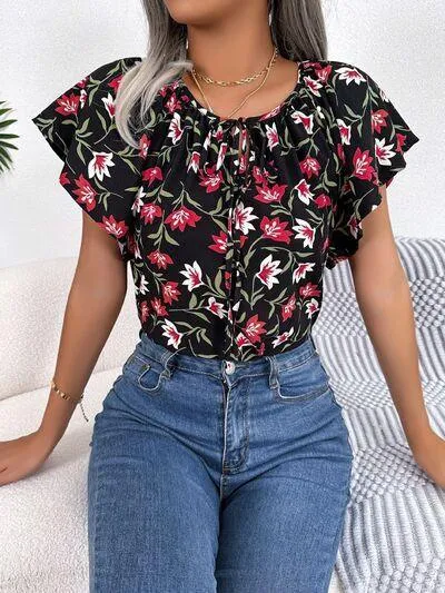 Bloom In Style Floral Flutter Sleeve Blouse