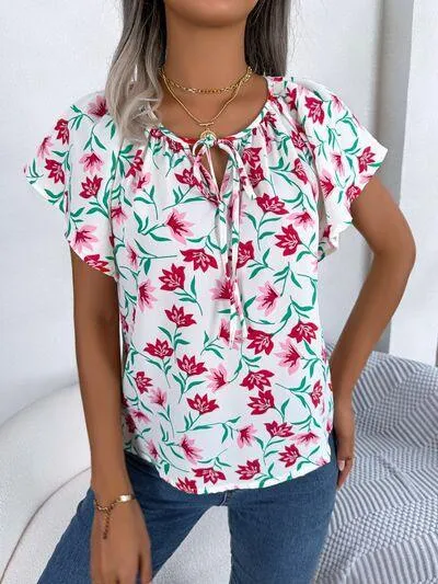Bloom In Style Floral Flutter Sleeve Blouse