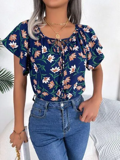 Bloom In Style Floral Flutter Sleeve Blouse