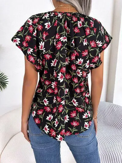 Bloom In Style Floral Flutter Sleeve Blouse