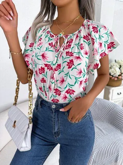 Bloom In Style Floral Flutter Sleeve Blouse