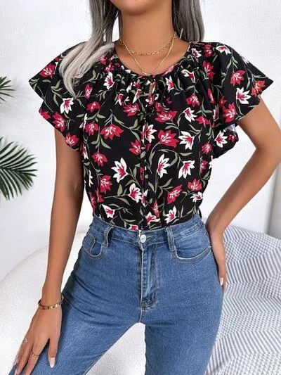 Bloom In Style Floral Flutter Sleeve Blouse