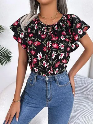 Bloom In Style Floral Flutter Sleeve Blouse