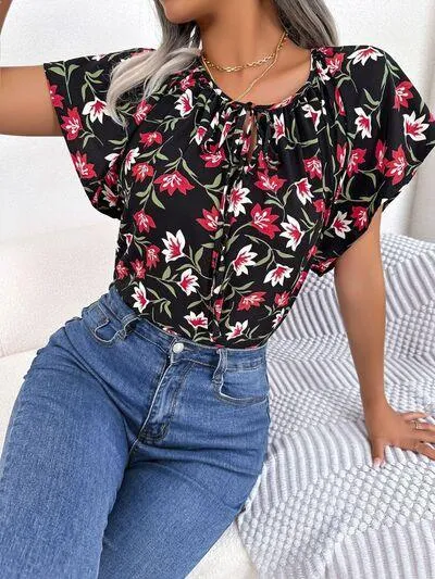 Bloom In Style Floral Flutter Sleeve Blouse