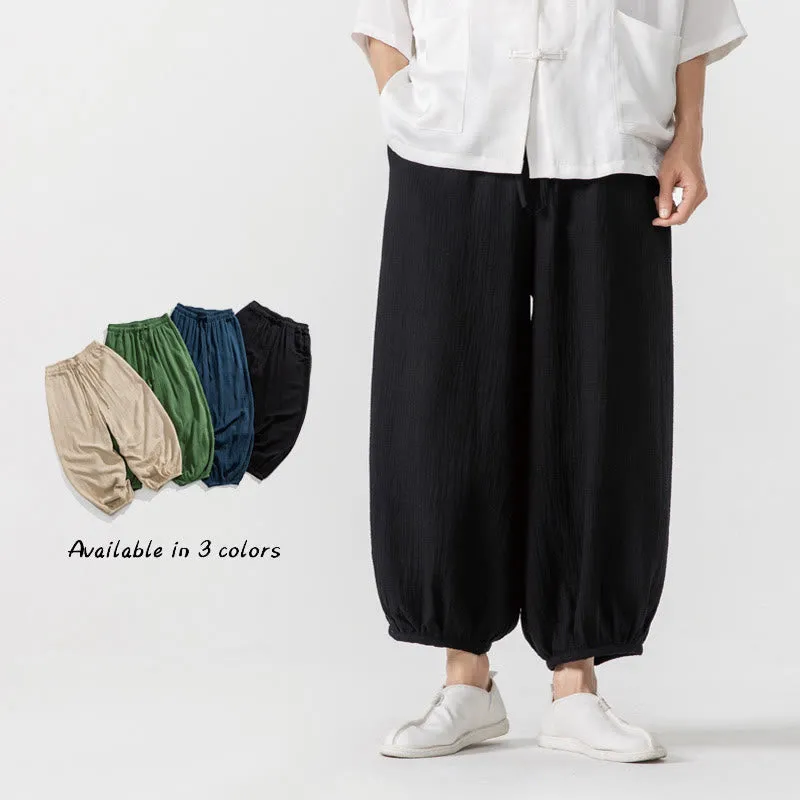 Buddha Stones Soft Solid Color Drawstring Cotton Men's Pants With Pockets