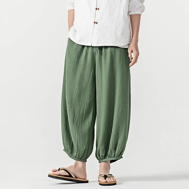 Buddha Stones Soft Solid Color Drawstring Cotton Men's Pants With Pockets