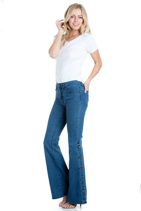 Button Wide Bottom Stretch Denim Jeans