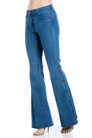 Button Wide Bottom Stretch Denim Jeans