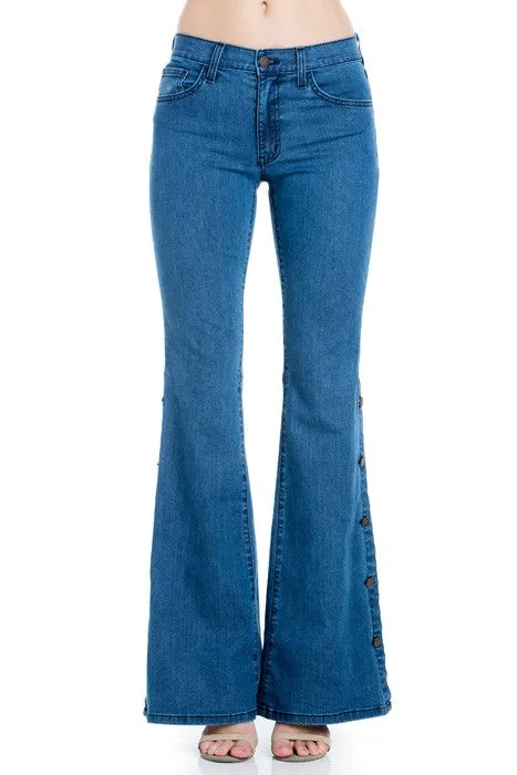 Button Wide Bottom Stretch Denim Jeans