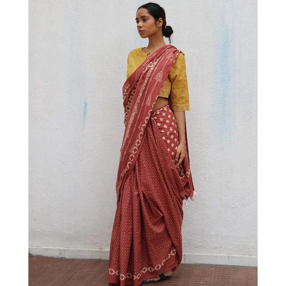 Chidiyaa Paakhi Carnival of Rust Brown Hand Block Printed Cotton Saree with Unstitched Blouses