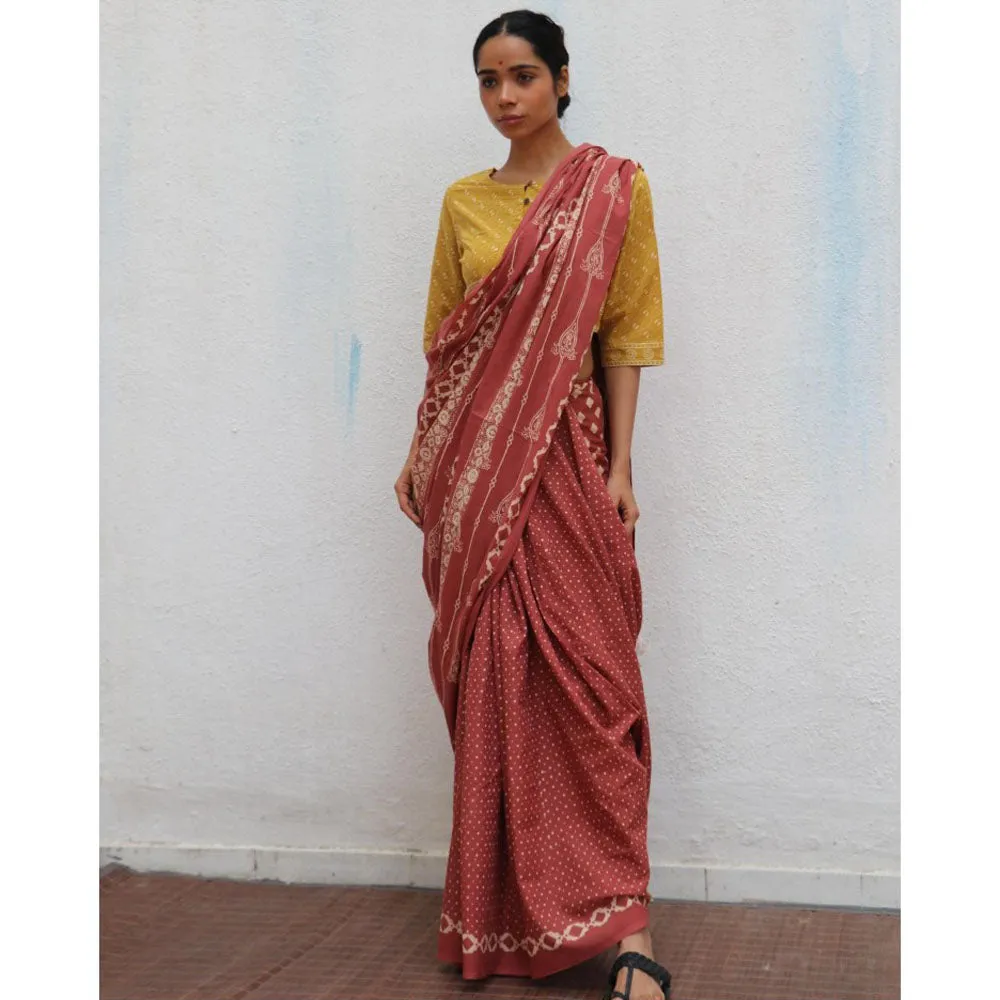 Chidiyaa Paakhi Carnival of Rust Brown Hand Block Printed Cotton Saree with Unstitched Blouses
