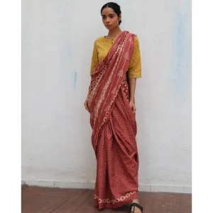 Chidiyaa Paakhi Carnival of Rust Brown Hand Block Printed Cotton Saree with Unstitched Blouses