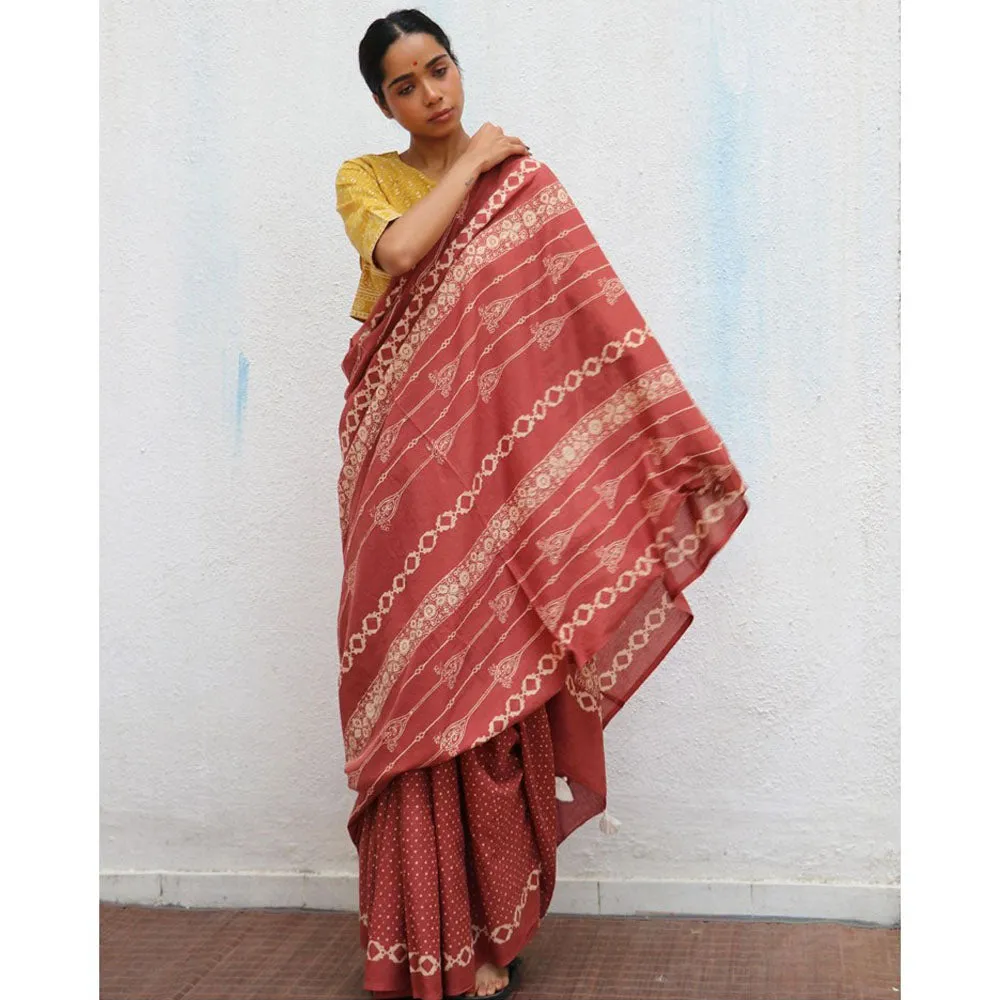 Chidiyaa Paakhi Carnival of Rust Brown Hand Block Printed Cotton Saree with Unstitched Blouses