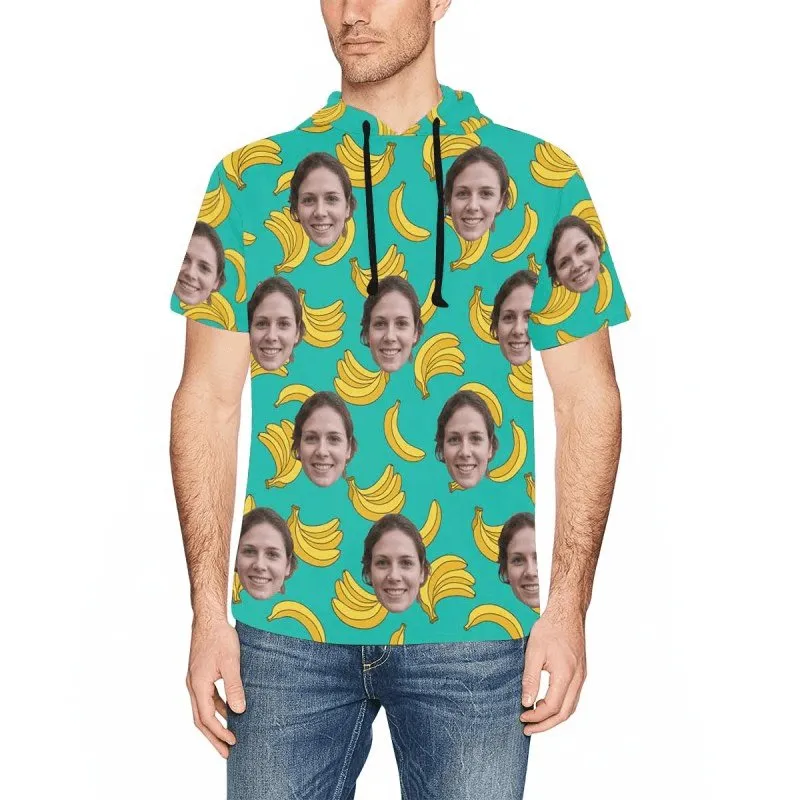 Custom Face Green Banana Short Sleeve Hoodie Men's Custom Face Loose Hoodie Personalized Hooded Pullover