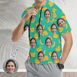 Custom Face Green Banana Short Sleeve Hoodie Men's Custom Face Loose Hoodie Personalized Hooded Pullover