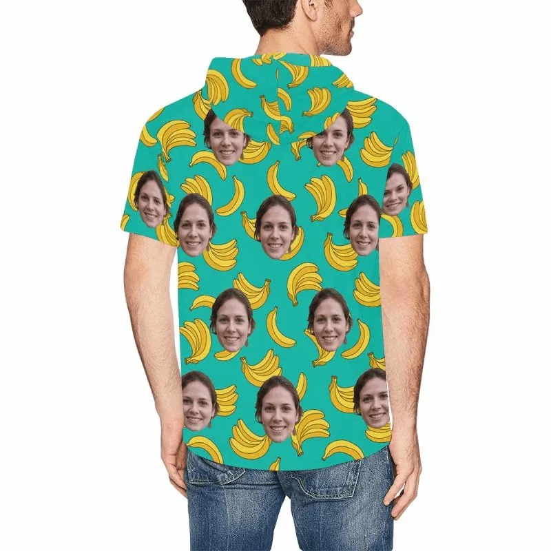 Custom Face Green Banana Short Sleeve Hoodie Men's Custom Face Loose Hoodie Personalized Hooded Pullover
