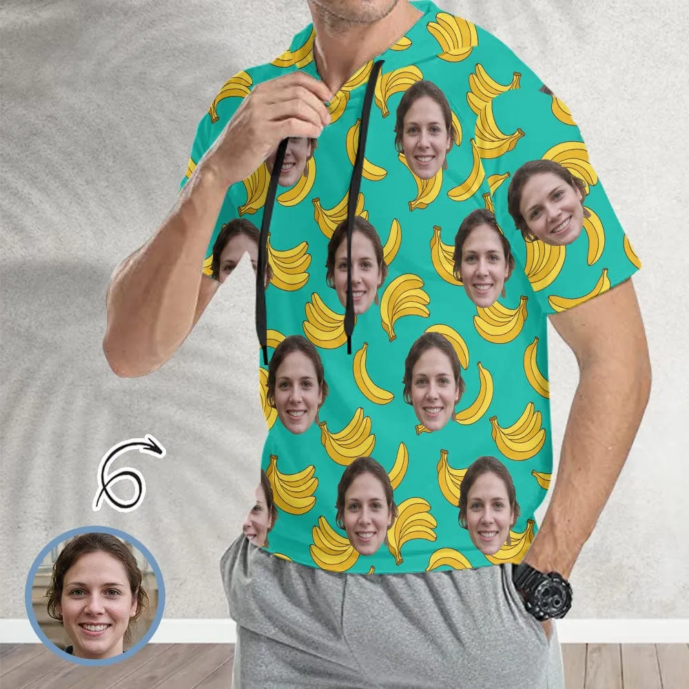Custom Face Green Banana Short Sleeve Hoodie Men's Custom Face Loose Hoodie Personalized Hooded Pullover