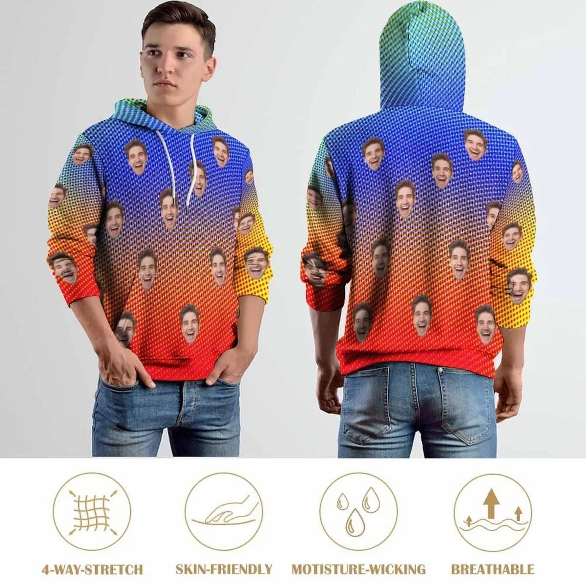 Custom Face Hoodie Cool Hoodie Designs Colorful Large Size Hooded Pullover Personalized Big Face Loose Hoodie Top Outfits