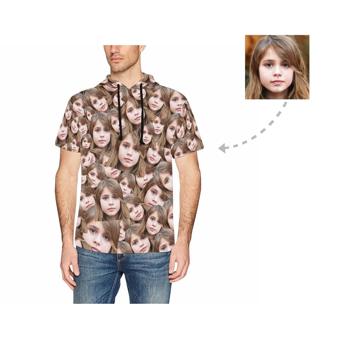 Custom Face Short Sleeve Hoodie with Daughter Seamless Photo Personalized Face Loose Hoodie