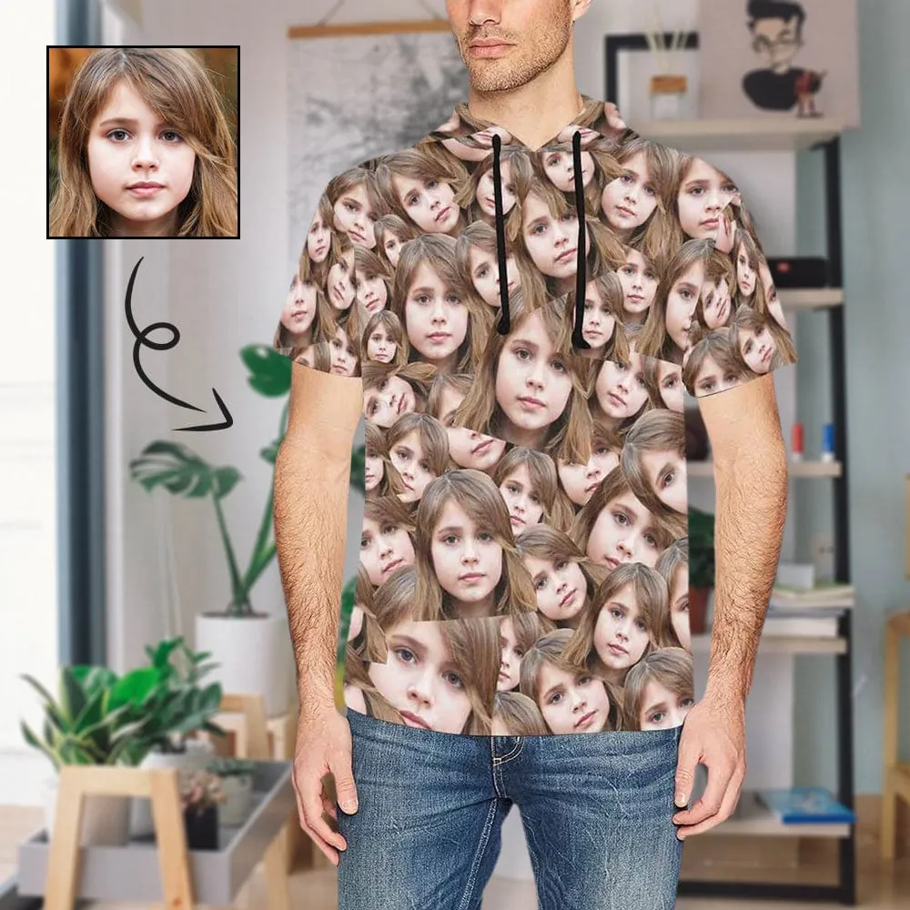 Custom Face Short Sleeve Hoodie with Daughter Seamless Photo Personalized Face Loose Hoodie