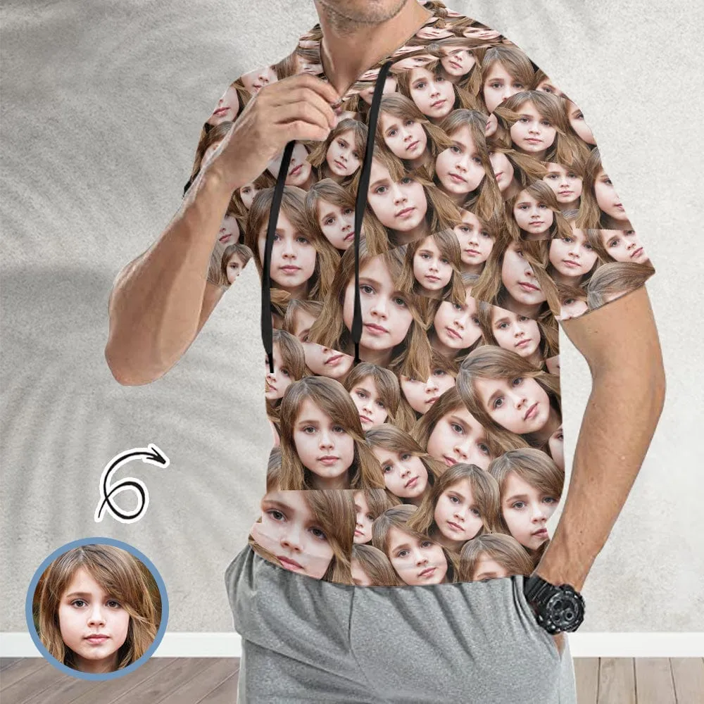 Custom Face Short Sleeve Hoodie with Daughter Seamless Photo Personalized Face Loose Hoodie