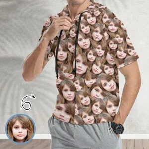 Custom Face Short Sleeve Hoodie with Daughter Seamless Photo Personalized Face Loose Hoodie