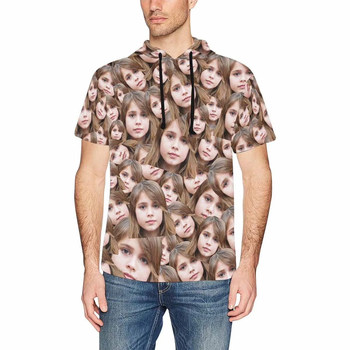 Custom Face Short Sleeve Hoodie with Daughter Seamless Photo Personalized Face Loose Hoodie