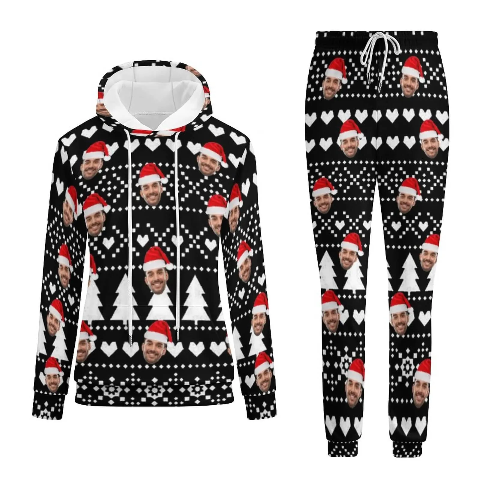 Custom Faces Christmas Black Hoodie Sweatpant Set Personalized Unisex Loose Hoodie Top Outfits