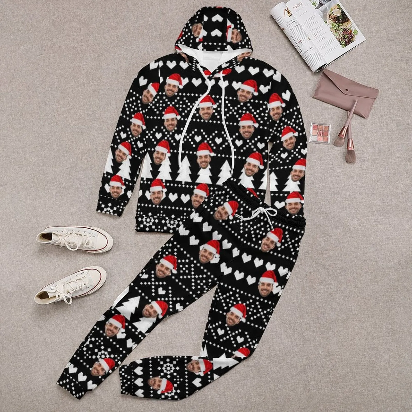 Custom Faces Christmas Black Hoodie Sweatpant Set Personalized Unisex Loose Hoodie Top Outfits