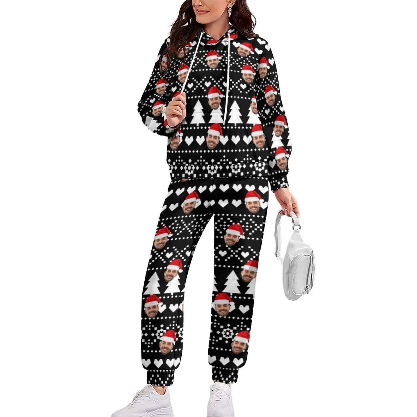 Custom Faces Christmas Black Hoodie Sweatpant Set Personalized Unisex Loose Hoodie Top Outfits