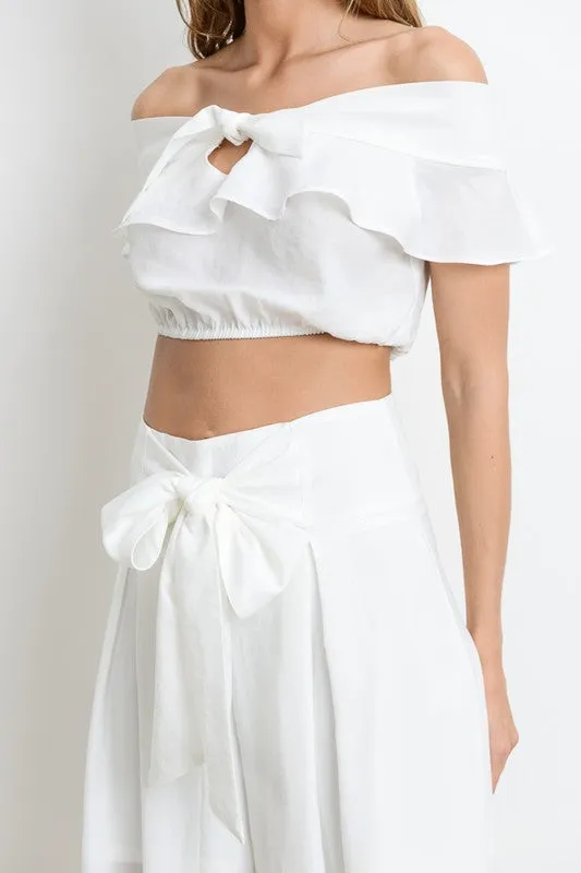 Elegant Off Shoulder White Ruffle Tie-Up Top