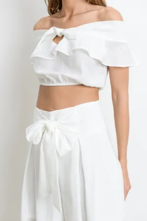 Elegant Off Shoulder White Ruffle Tie-Up Top