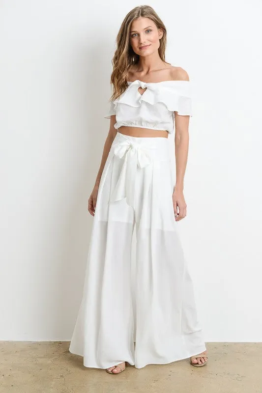 Elegant Off Shoulder White Ruffle Tie-Up Top