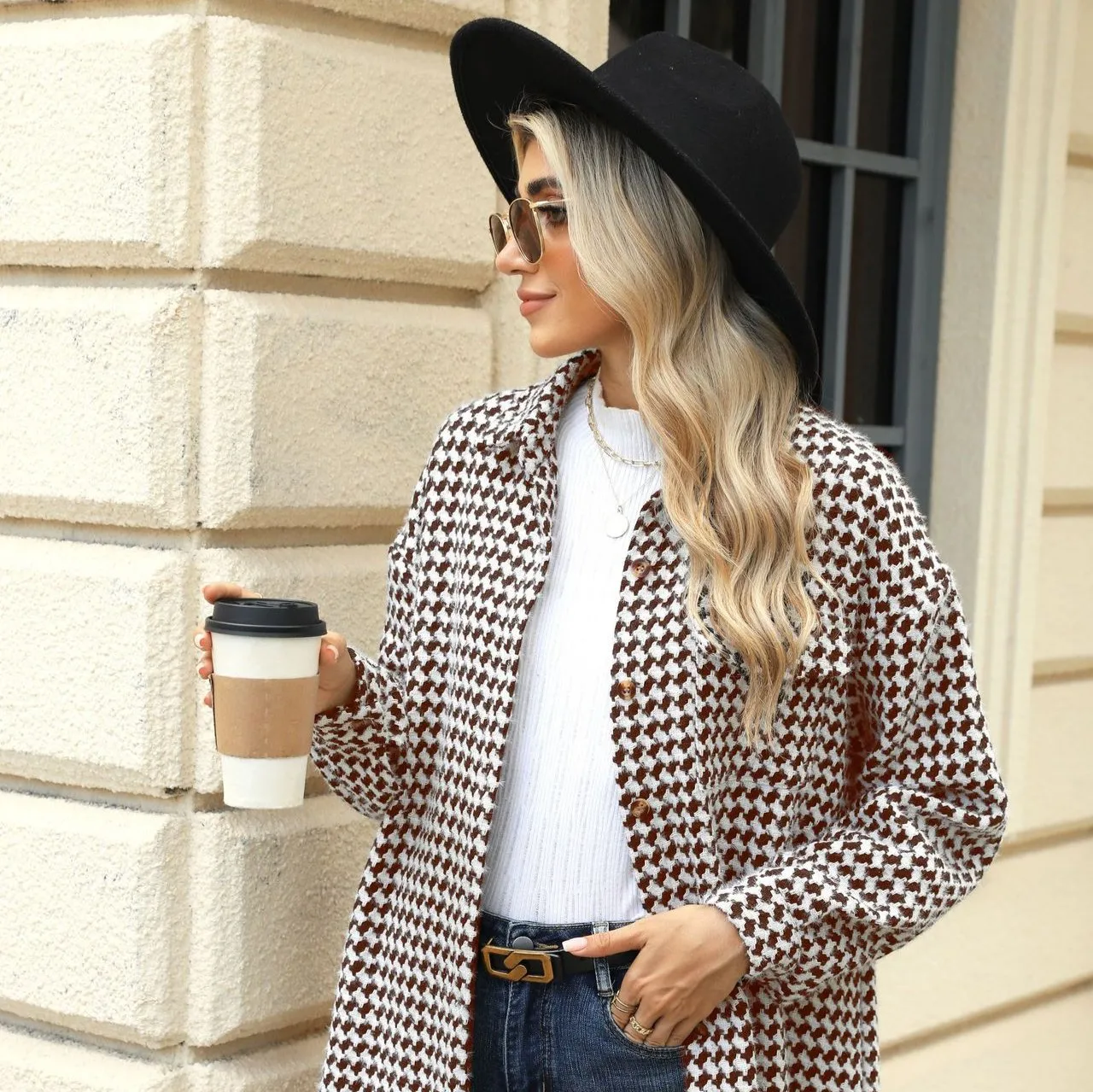 Enchanting Houndstooth Lapel Mid-Length Coat