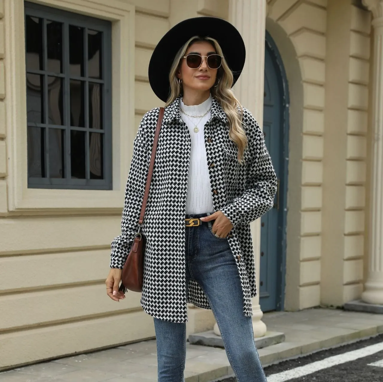 Enchanting Houndstooth Lapel Mid-Length Coat